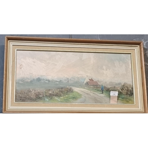 150 - Voss, figure on a lane with cottages and distant church, signed.  Oils on board.  28x60cm approx.  F... 