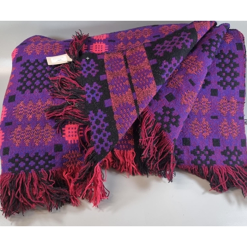 163 - Vintage woollen Welsh tapestry purple ground blanket or carthen with fringed edge and 'Derw Products... 