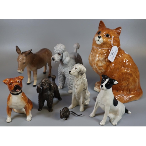 168 - Collection of china animals to include: Beswick 1867 seated cat, Beswick donkey, poodles and other d... 