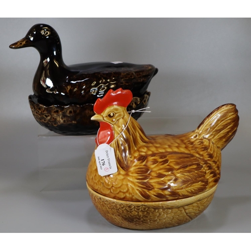 176 - Price Kensington pottery egg crock in the form of a hen, together with another brown glazed egg croc... 