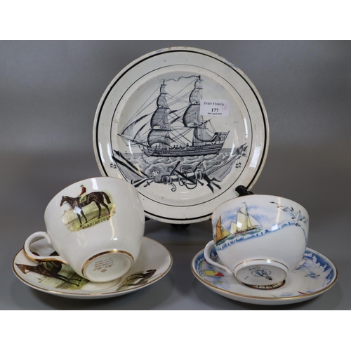 177 - 19th Century Dillwyn Swansea ship's plate, together with a Royal Worcester breakfast cup and saucer ... 