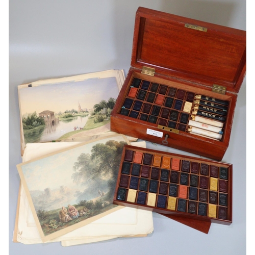 181 - Late 19th century mahogany artist's paint box, the interior revealing watercolour blocks with Feathe... 