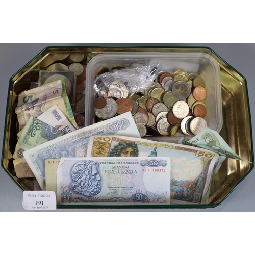 191 - Tin box comprising assorted GB and Foreign coinage, Foreign banknotes including: Singapore, South Af... 