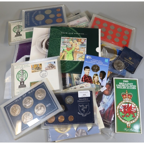 193 - Box of assorted coins, to include: Queen Elizabeth the Queen Mother Centenary Crown, other commemora... 