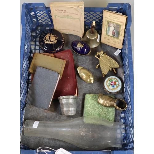 196 - Box of oddments, to include: shagreen finish cigarette case, pewter measure marked Just a Thimble Fu... 