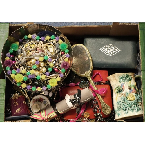 200 - Large box of items, to include: silver plated fruit bowl comprising vintage and other jewellery, cer... 