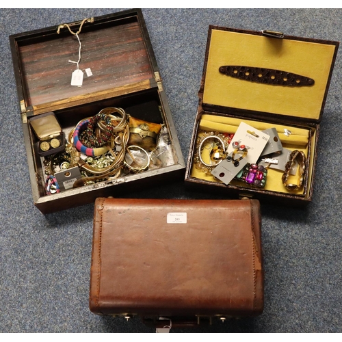 203 - Box comprising jewellery boxes of various modern costume jewellery together with a 19th century waln... 