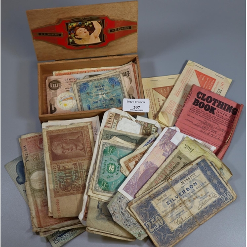 207 - Wooden cigarette box marked Rubens Palmas comprising assorted Motor fuel ration books and foreign ba... 