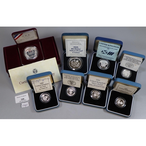 208 - Collection of silver proof coins, to include: various £1 coins 1984, '85, '89, '90 and '91, Commonwe... 