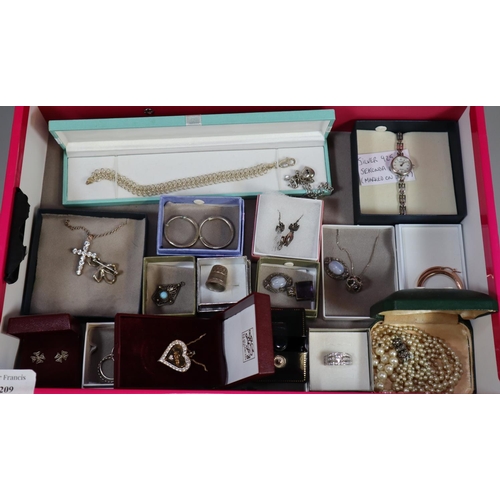 209 - Collection of silver jewellery, to include: watch, bracelet, silver cross and chain, silver brooch, ... 