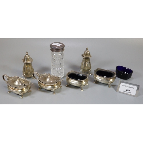 224 - Collection of silver condiments, some with blue glass liners together with a cut glass and silver to... 