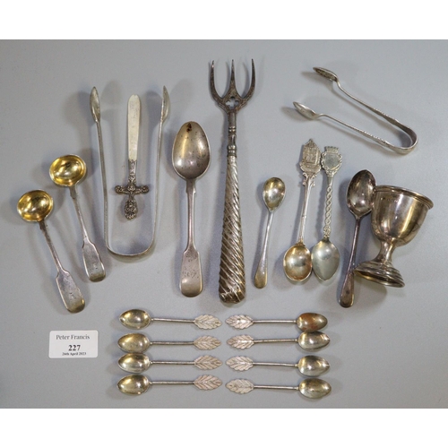 227 - Bag of assorted silver items, to include: spoons, sugar nips, egg cup etc.  6 troy oz approx.  (B.P.... 