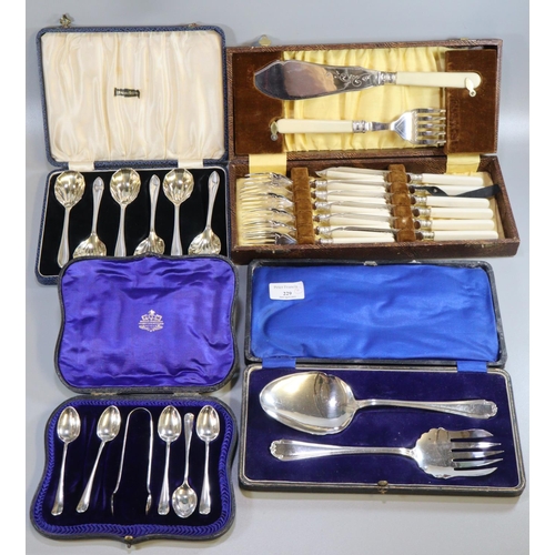 229 - Cased set of five silver spoons with sugar nips (missing one spoon) 3.4 troy oz approx, together wit... 