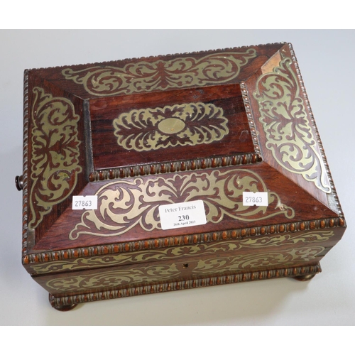 230 - 19th century rosewood and brass boulle work inlaid sarcophagus shaped work box, the interior reveali... 