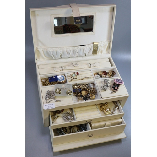 231 - Cream leather finish jewellery box comprising assorted and other costume jewellery: dress rings, ear... 