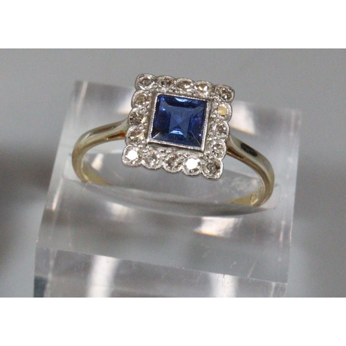 239 - 18ct gold Art Deco design diamond and sapphire ring.  2.8g approx.  Ring size O+1/2 approx.  (B.P. 2... 