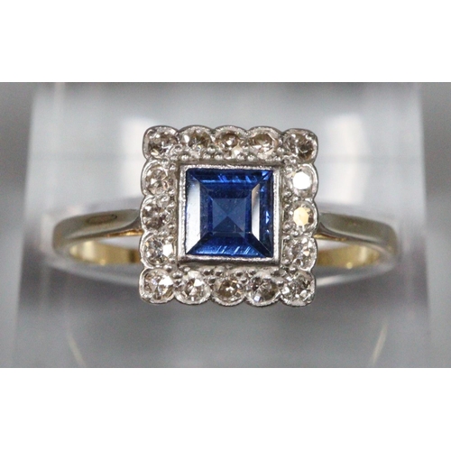 239 - 18ct gold Art Deco design diamond and sapphire ring.  2.8g approx.  Ring size O+1/2 approx.  (B.P. 2... 