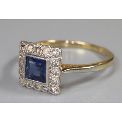 239 - 18ct gold Art Deco design diamond and sapphire ring.  2.8g approx.  Ring size O+1/2 approx.  (B.P. 2... 