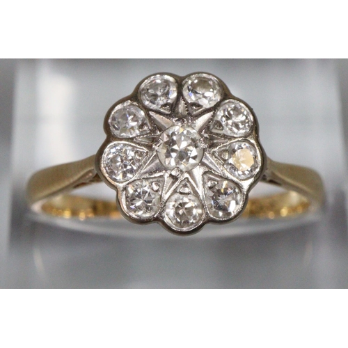 240 - 18ct gold diamond daisy/flower head ring, 2.8g approx.  Ring size P.  (B.P. 21% + VAT)