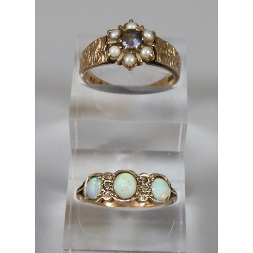 244 - 9ct gold flowerhead ring set with pearls and blue stone and an unmarked yellow metal ring set with o... 