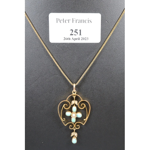 251 - 9ct gold Edwardian pearl and turquoise pendant on 9ct gold chain.  5.8g approx.  (B.P. 21% + VAT)