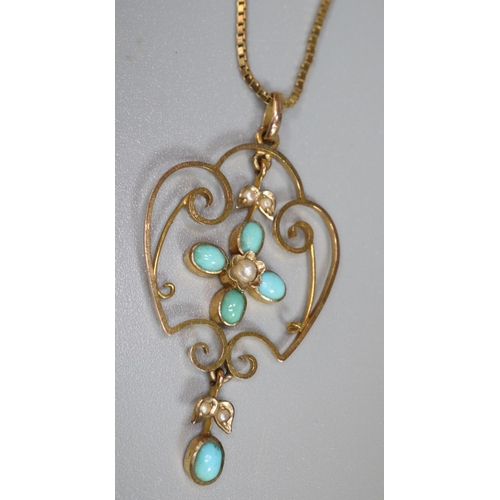 251 - 9ct gold Edwardian pearl and turquoise pendant on 9ct gold chain.  5.8g approx.  (B.P. 21% + VAT)