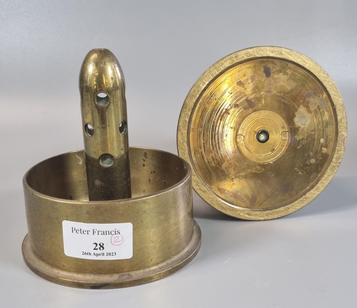 Trench Art - Royal Artillery conical brass ashtray H6cm, tall pedestal brass  table lighter, clip of five