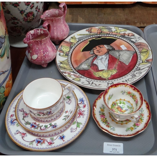 371 - Tray of china, to include: two similar 19th century pink splash lustre jugs, Royal Doulton the Mayor... 