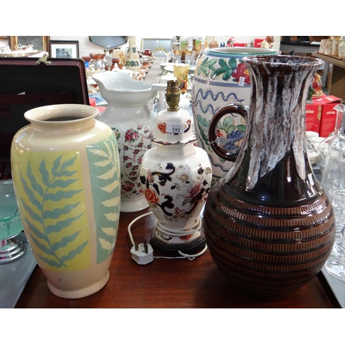 373 - Five large ceramic items to include: a Mason's Ironstone 'Mandalay' design table lamp base, two larg... 