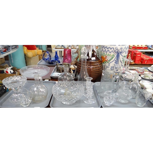 376 - Three trays of glassware to include: lemonade jugs, various other jugs, decanters with stoppers, can... 