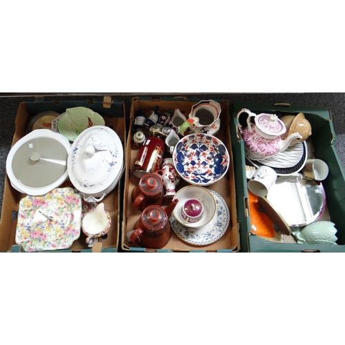 381 - Three boxes of mostly china to include: James Kent Ltd Du Barry cake stand, tray and milk jug, Ambro... 