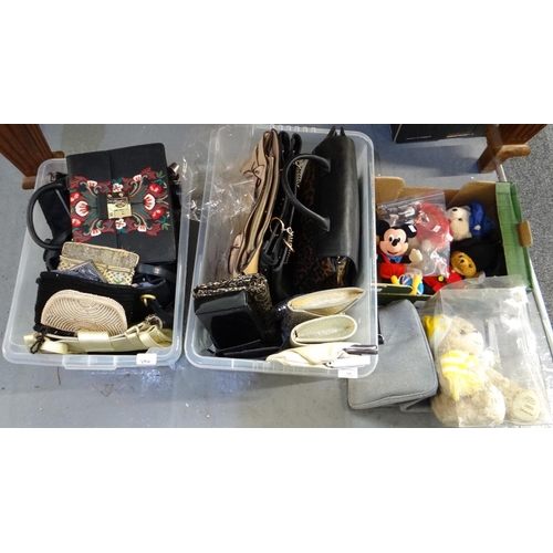 390 - Two boxes containing vintage ladies handbags, various to include: beaded bags, leather bags, faux pe... 