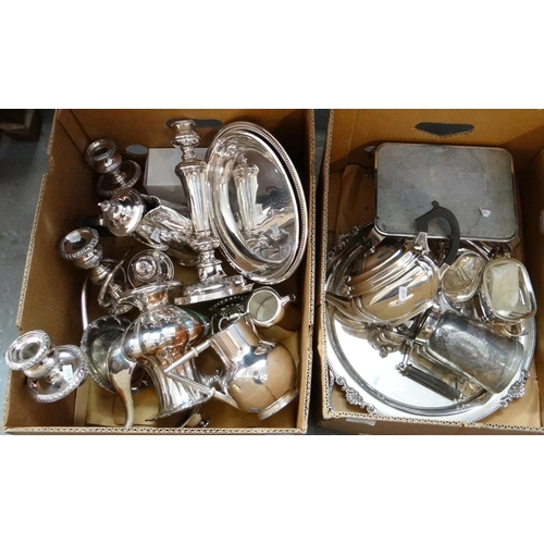 392 - Two boxes of metalware, mostly silver plate to include: teapot, tray, milk jugs, sugar bowls, water ... 