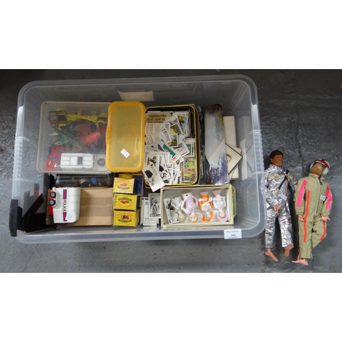 394 - Plastic box of assorted toys, to include: Corgi yellow submarine, various diecast model vehicles inc... 