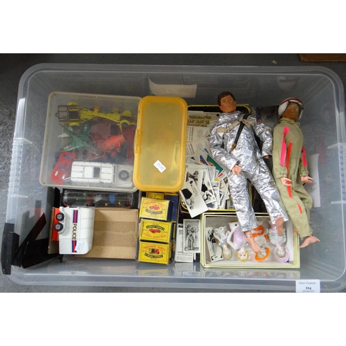 394 - Plastic box of assorted toys, to include: Corgi yellow submarine, various diecast model vehicles inc... 