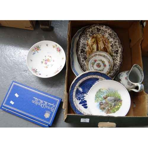 396 - Box of assorted china: Minton bone china bowl decorated with garden flowers, Minton and Coalport cha... 