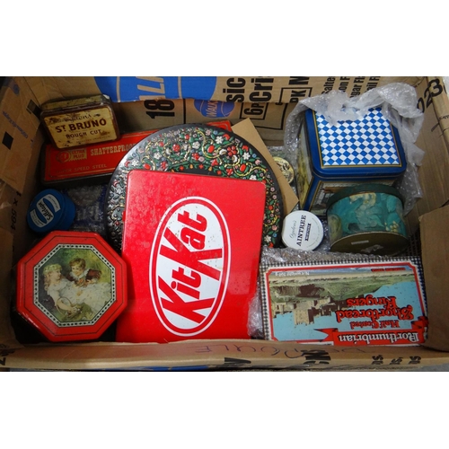 397 - Box of vintage tins to include: Kit-Kat, Ogden's Aintree, Sellotape, St Bruno rough cut tobacco tin ... 