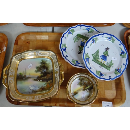 399 - Three hand painted Quimper plates, together with a Noritake hand painted tray and finger bowl with s... 