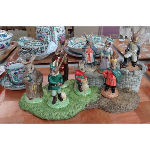 401 - Group of Royal Doulton Bunnykins items; Robin Hood collection with base; 'Friar Tuck', 'Sherriff of ... 