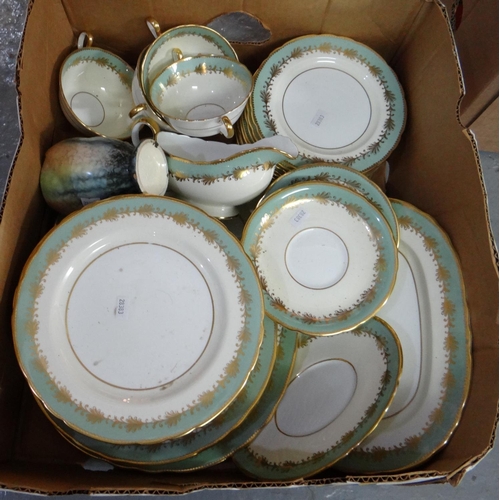 403 - Box of china, mostly Aynsley English bone china Thomas Goode & Co dinnerware to include: dinner plat... 