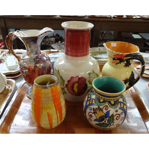 409 - Tray of china to include: Old Court ware lustre ewer, Burleigh ware dragon handled jug, Gouda vase, ... 