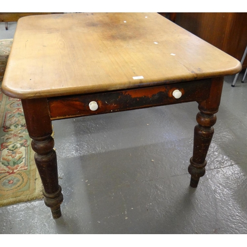 497 - Victorian pine farmhouse kitchen table, the moulded and shaped top above a single drawer with cerami...