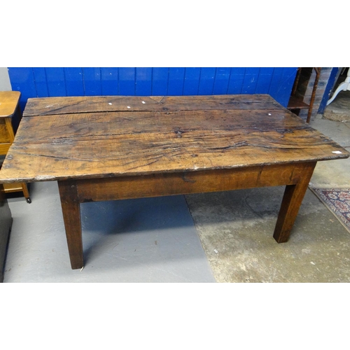 515 - Rustic oak three plank top coffee table, standing on square legs.  147x80x53cm approx.  (B.P. 21% + ... 