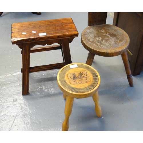 519 - Mid century carved oak spinning chair together with a small Alaven Designs milking stool with leathe... 