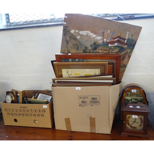 534 - Two boxes of assorted furnishing pictures together with a modern Acctim quarts bracket clock and ano... 