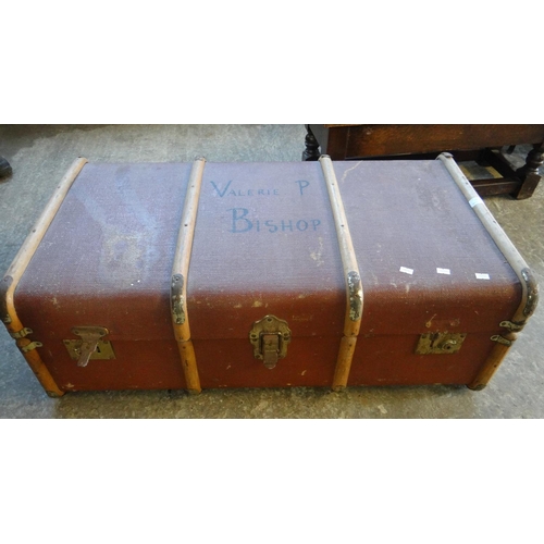 535 - Vintage canvas wooden and metal banded travelling trunk.  (B.P. 21% + VAT)