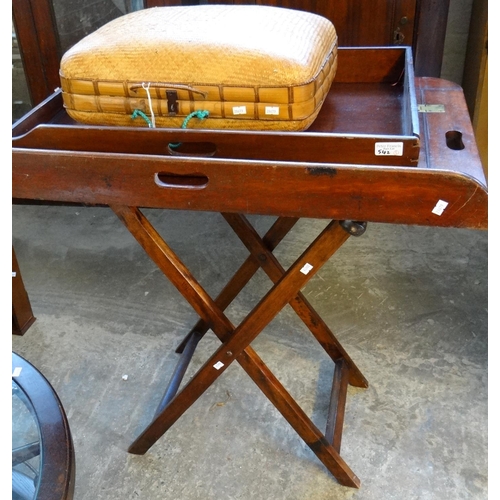 542 - 19th century mahogany butler's folding tray on stand together with a vintage bamboo suitcase.  (2)  ... 