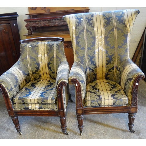 545 - Two similar 19th century mahogany framed upholstered armchairs, both standing on fluted legs and cas... 