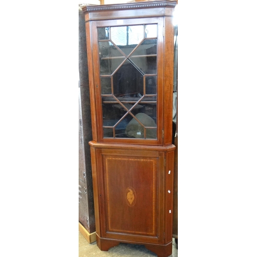 549 - Edwardian mahogany inlaid astragal glazed free standing corner cabinet.  (B.P. 21% + VAT)