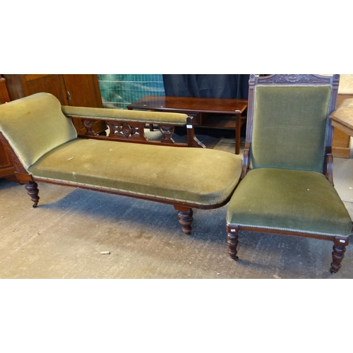 551 - Edwardian mahogany chaise lounge on baluster tapering legs and casters together with a similar parlo... 